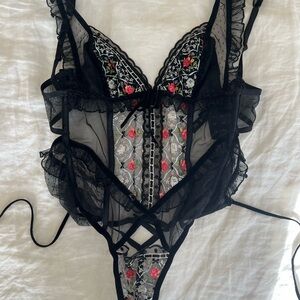 For Love And Lemons Black Floral Lace Chemise One Piece Bodysuit